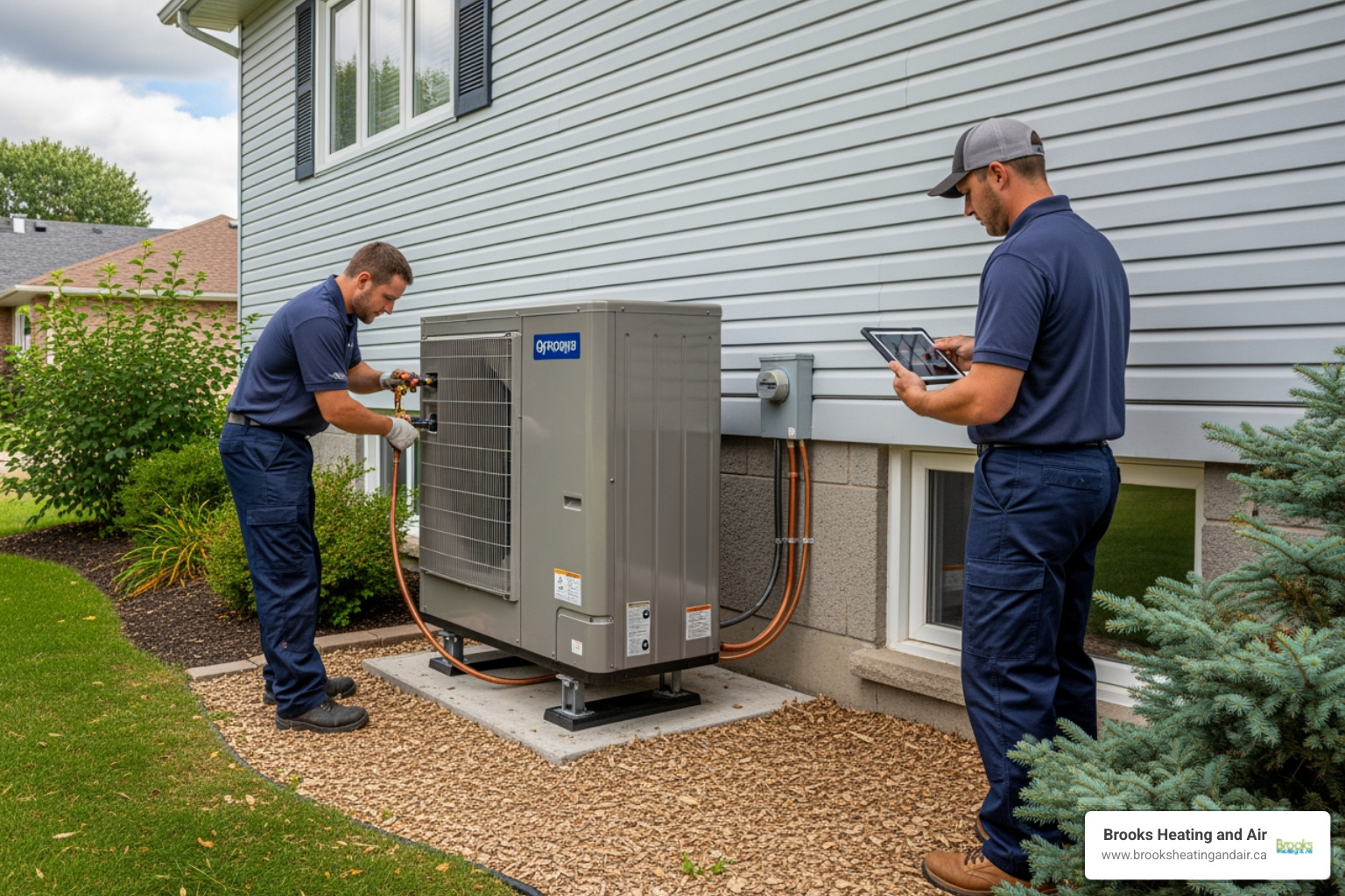 infographic showing how a heat pump extracts heat from outdoor air in winter and moves it indoors, then reverses the process in summer to cool the home, with arrows indicating heat flow direction and labels for heating mode and cooling mode - residential heat pump replacement in acton, on
