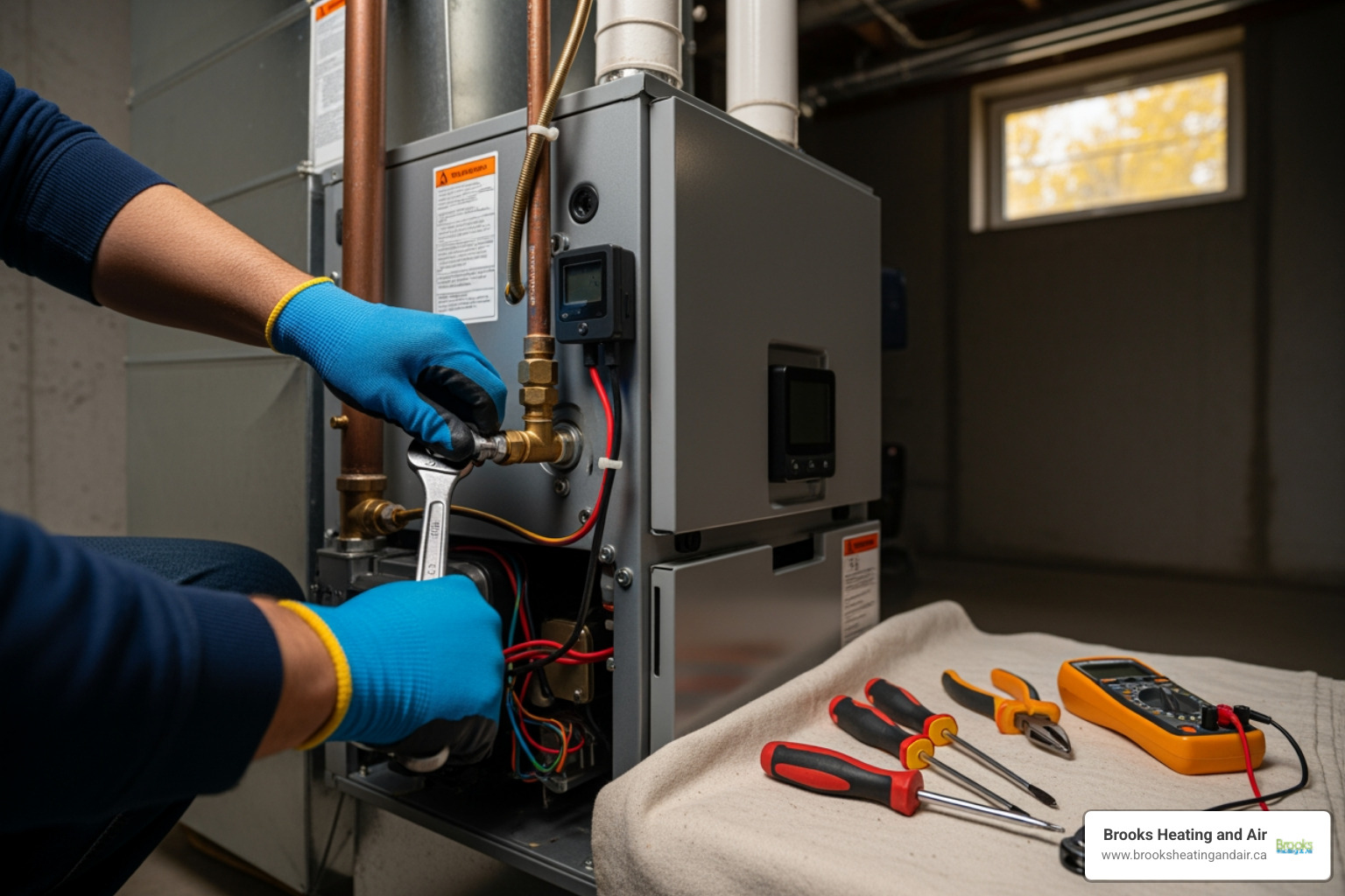 infographic showing top signs your heating system needs repair including unusual noises, cold spots in rooms, rising energy bills, frequent cycling on and off, yellow pilot light flame, and visible dust around vents - heating repair deals in georgetown, on