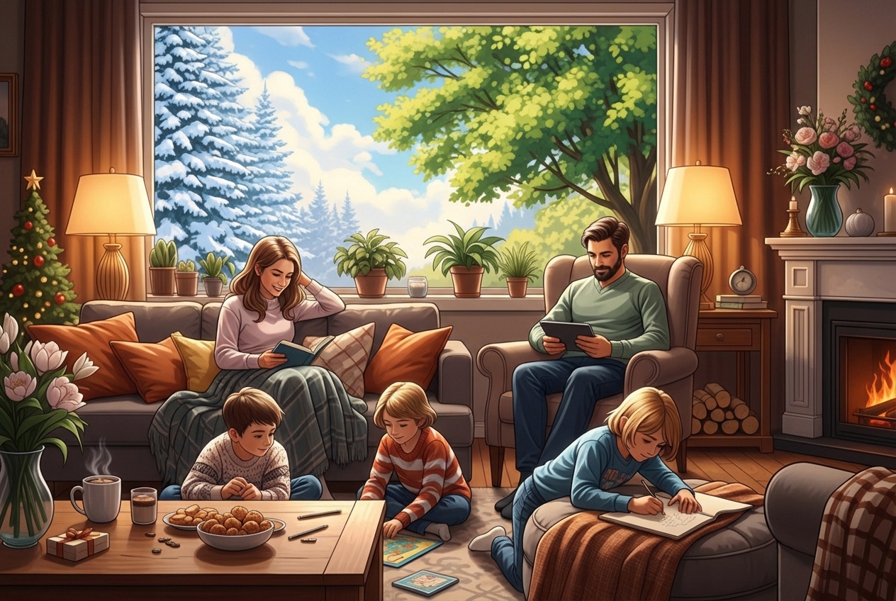 comfortable family in their Milton living room, with subtle hints of both winter and summer outside - heat pump repair in milton on