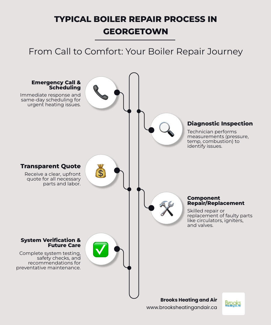 Infographic showing the typical boiler repair process in Georgetown: Step 1 - Emergency call and same-day scheduling; Step 2 - Technician inspection with diagnostic measurements of pressure, temperature, and combustion; Step 3 - Transparent quote for parts and labor; Step 4 - Component repair or replacement including circulators, zone valves, igniters, gas valves, expansion tanks, and aquastats; Step 5 - System testing and safety verification; Step 6 - Preventative maintenance recommendations to extend boiler lifespan - affordable boiler repair in georgetown, on infographic infographic-line-5-steps-elegant_beige Infographic showing the typical boiler repair process in Georgetown: Step 1 - Emergency call and same-day scheduling; Step 2 - Technician inspection with diagnostic measurements of pressure, temperature, and combustion; Step 3 - Transparent quote for parts and labor; Step 4 - Component repair or replacement including circulators, zone valves, igniters, gas valves, expansion tanks, and aquastats; Step 5 - System testing and safety verification; Step 6 - Preventative maintenance recommendations to extend boiler lifespan - affordable boiler repair in georgetown, on infographic infographic-line-5-steps-elegant_beige