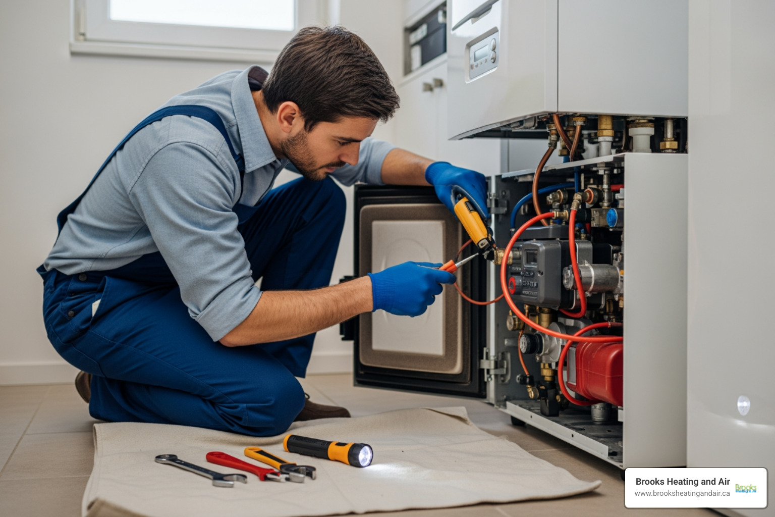 Residential Boiler Repair Process infographic showing four key steps: initial system assessment and diagnostics, component replacement with quality parts, safety testing and combustion verification, and final performance calibration - residential boiler repair in georgetown, on