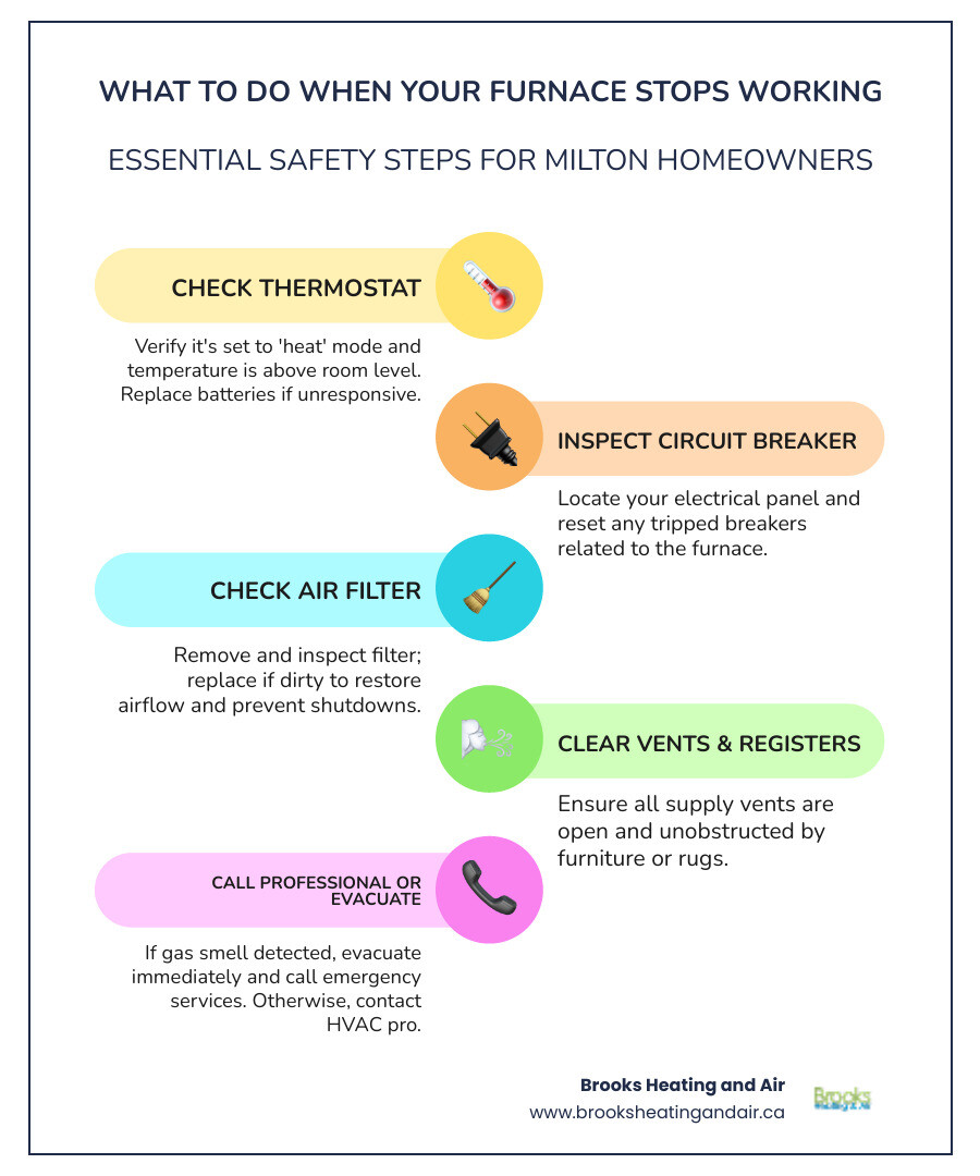 infographic showing steps to take when furnace stops working including checking thermostat checking circuit breaker inspecting air filter calling certified HVAC technician and when to evacuate for gas smell - My furnace isn't working. Who are the most reliable companies for furnace repair in Milton, ON?" infographic infographic-line-5-steps-colors