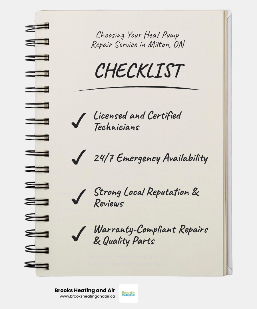 Infographic showing key factors when choosing heat pump repair service in Milton Ontario including technician certification, 24/7 availability, customer reviews, warranty compliance, local expertise, and emergency response time - best heat pump repair in milton, on infographic checklist-notebook Infographic showing key factors when choosing heat pump repair service in Milton Ontario including technician certification, 24/7 availability, customer reviews, warranty compliance, local expertise, and emergency response time - best heat pump repair in milton, on infographic checklist-notebook