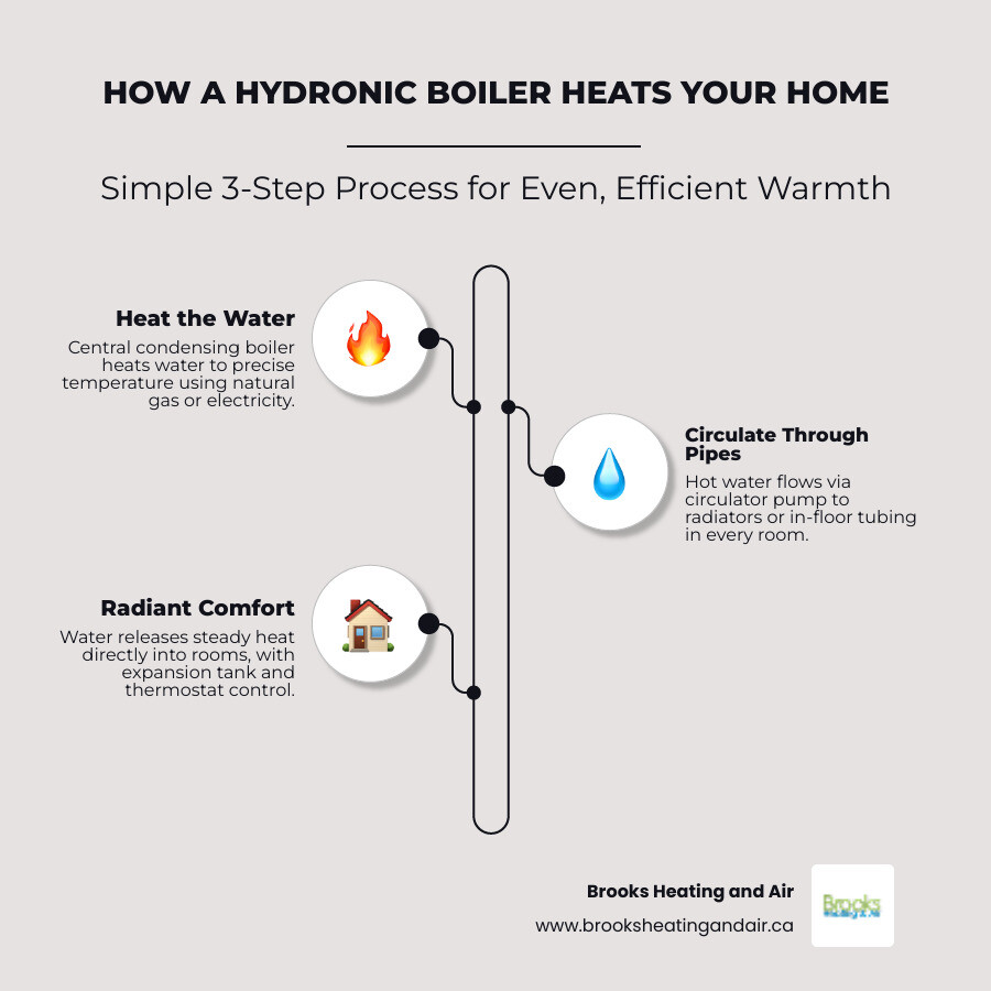Infographic showing how a hydronic boiler system heats a home: a central high-efficiency condensing boiler heats water, which is then circulated through pipes to radiators or in-floor tubing in multiple rooms, with labeled zones for living areas, bedrooms, and bathrooms, arrows showing water flow direction, an expansion tank, circulator pump, thermostat controls, and a flue exhaust vent — all set against a cross-section diagram of a two-storey home with warm color tones - boiler installation in georgetown on infographic infographic-line-3-steps-elegant_beige