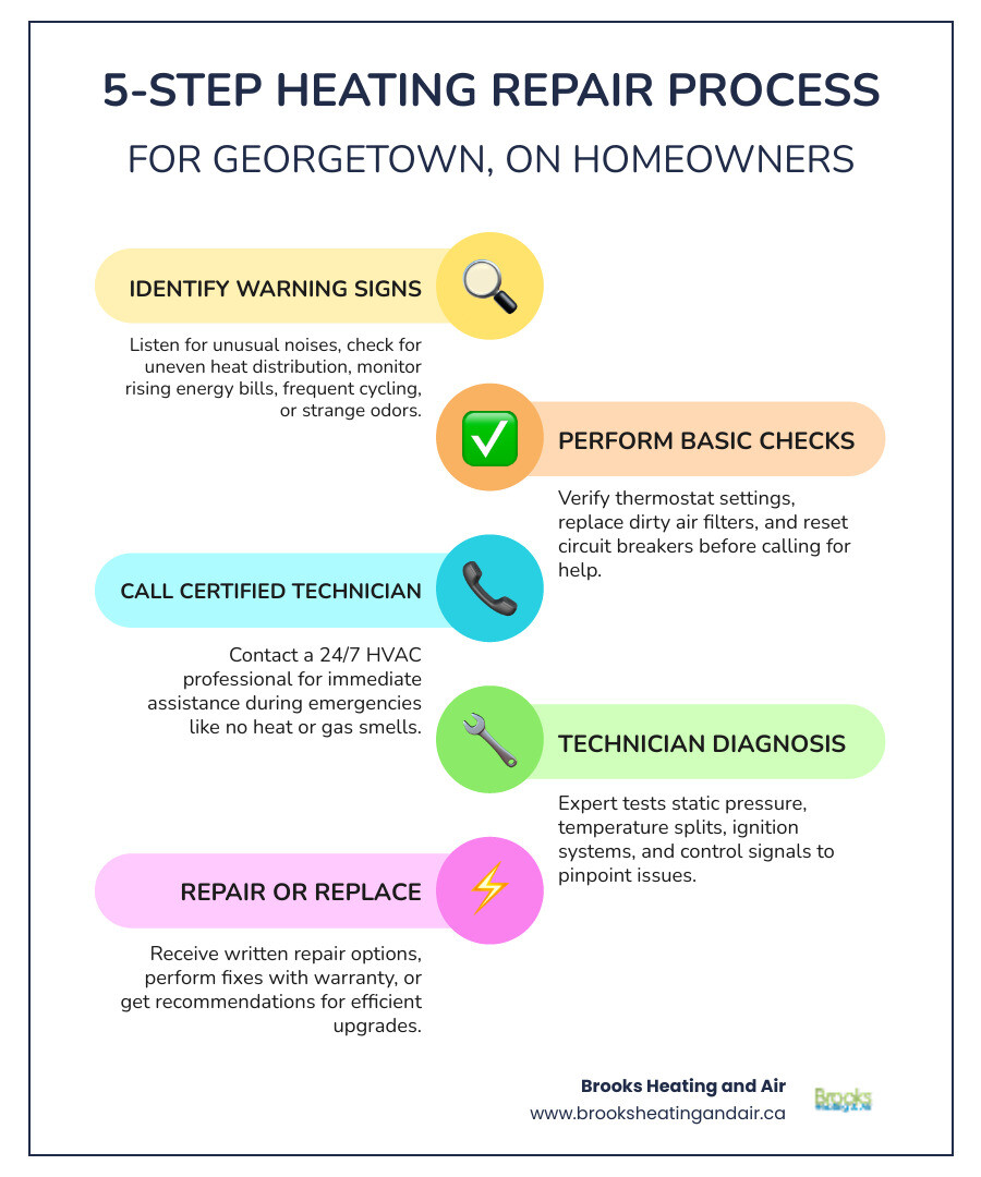 Infographic showing the 5-step heating repair process for Georgetown ON homeowners: Step 1 - Identify warning signs (noises, uneven heat, rising bills); Step 2 - Perform basic checks (thermostat, filter, circuit breaker); Step 3 - Call a 24/7 certified HVAC technician; Step 4 - Technician diagnoses using static pressure, temperature split, and ignition testing; Step 5 - Repair or recommend replacement with written options and warranty - heating repair services in georgetown, on infographic infographic-line-5-steps-colors Infographic showing the 5-step heating repair process for Georgetown ON homeowners: Step 1 - Identify warning signs (noises, uneven heat, rising bills); Step 2 - Perform basic checks (thermostat, filter, circuit breaker); Step 3 - Call a 24/7 certified HVAC technician; Step 4 - Technician diagnoses using static pressure, temperature split, and ignition testing; Step 5 - Repair or recommend replacement with written options and warranty - heating repair services in georgetown, on infographic infographic-line-5-steps-colors