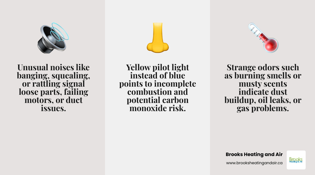 Infographic showing the 5 most common signs a Georgetown ON furnace needs repair, with icons for each warning sign: a sound wave for unusual noises, a noise icon for strange odors, a thermometer showing uneven temperatures, a cycling arrow for short cycling, and a flame color comparison showing yellow vs blue pilot light, with a brief explanation of each sign and what causes it - local furnace repair in georgetown, on infographic 3_facts_emoji_grey