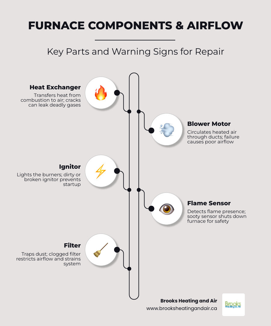 Infographic showing common furnace components including heat exchanger, blower motor, ignitor, flame sensor, and filter with arrows showing airflow direction through the system, alongside a checklist of top warning signs a furnace needs repair such as strange noises, yellow pilot light, uneven heating, frequent cycling, unusual odours, and excessive dust — with a note that 24/7 emergency furnace repair is available in Georgetown ON - furnace repair Georgetown ON infographic infographic-line-5-steps-elegant_beige