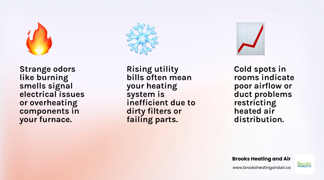 infographic showing warning signs of heating system failure including strange noises, cold spots, rising bills, frequent cycling, and unusual odors, with emergency contact information - fast heating repair Georgetown infographic 3_facts_emoji_light-gradient