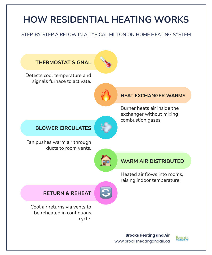 Infographic showing how a residential heating system works in a Milton ON home: warm air flows from furnace through ducts to vents in each room, thermostat signals the system to turn on and off, heat exchanger warms the air, blower motor circulates it, and return vents pull cool air back to be reheated — with labels for each component and arrows showing airflow direction in a cutaway house diagram - heating repair in milton on infographic infographic-line-5-steps-colors