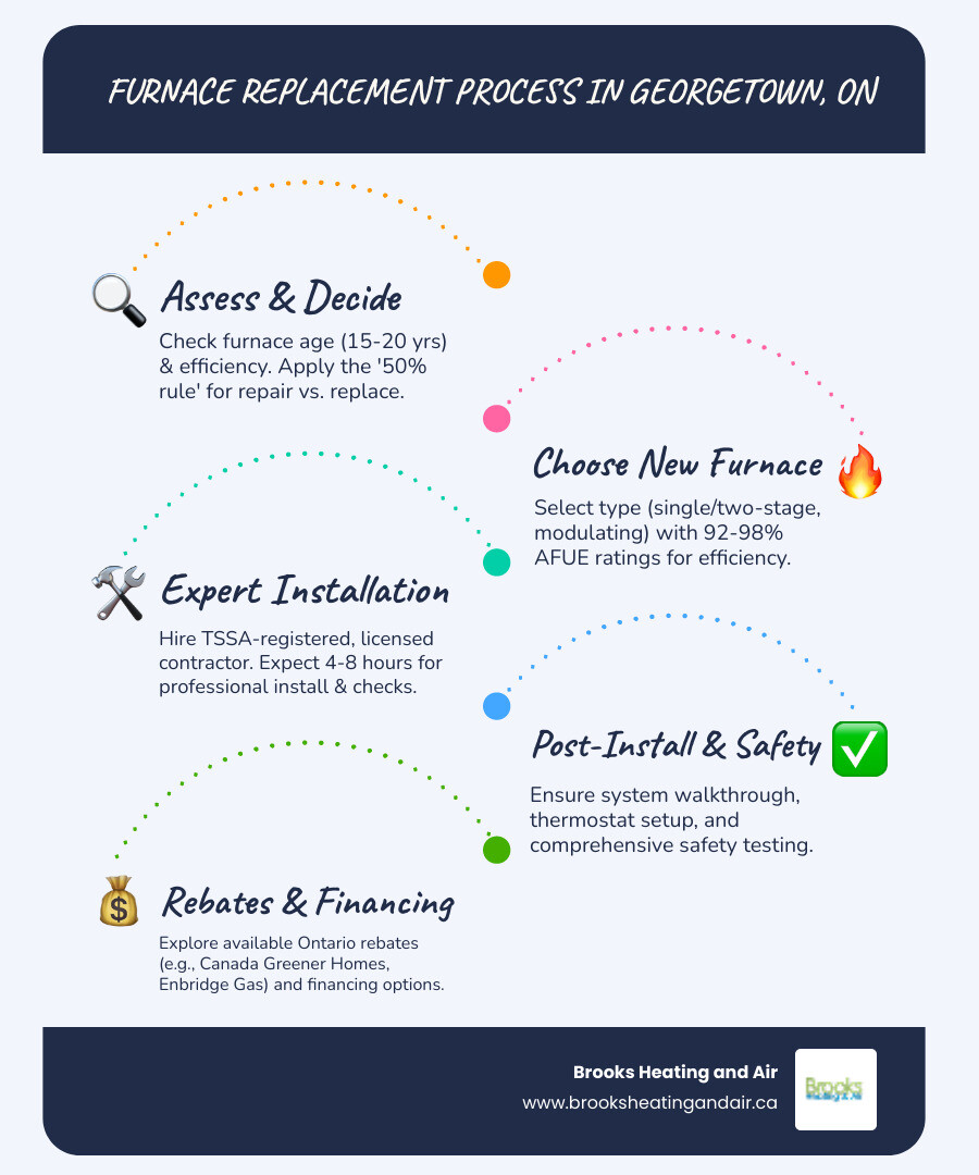 Infographic showing the furnace replacement process in Georgetown ON: step 1 assess furnace age and efficiency, step 2 decide repair vs replace using the 50% rule, step 3 choose furnace type (single-stage, two-stage, or modulating) with AFUE ratings from 92-98%, step 4 hire a TSSA-registered contractor, step 5 professional installation in 4-8 hours including ductwork inspection and load calculations, step 6 post-install walkthrough and safety testing, step 7 explore Ontario rebates and financing options - furnace replacement in georgetown on infographic infographic-line-5-steps-blues-accent_colors Infographic showing the furnace replacement process in Georgetown ON: step 1 assess furnace age and efficiency, step 2 decide repair vs replace using the 50% rule, step 3 choose furnace type (single-stage, two-stage, or modulating) with AFUE ratings from 92-98%, step 4 hire a TSSA-registered contractor, step 5 professional installation in 4-8 hours including ductwork inspection and load calculations, step 6 post-install walkthrough and safety testing, step 7 explore Ontario rebates and financing options - furnace replacement in georgetown on infographic infographic-line-5-steps-blues-accent_colors