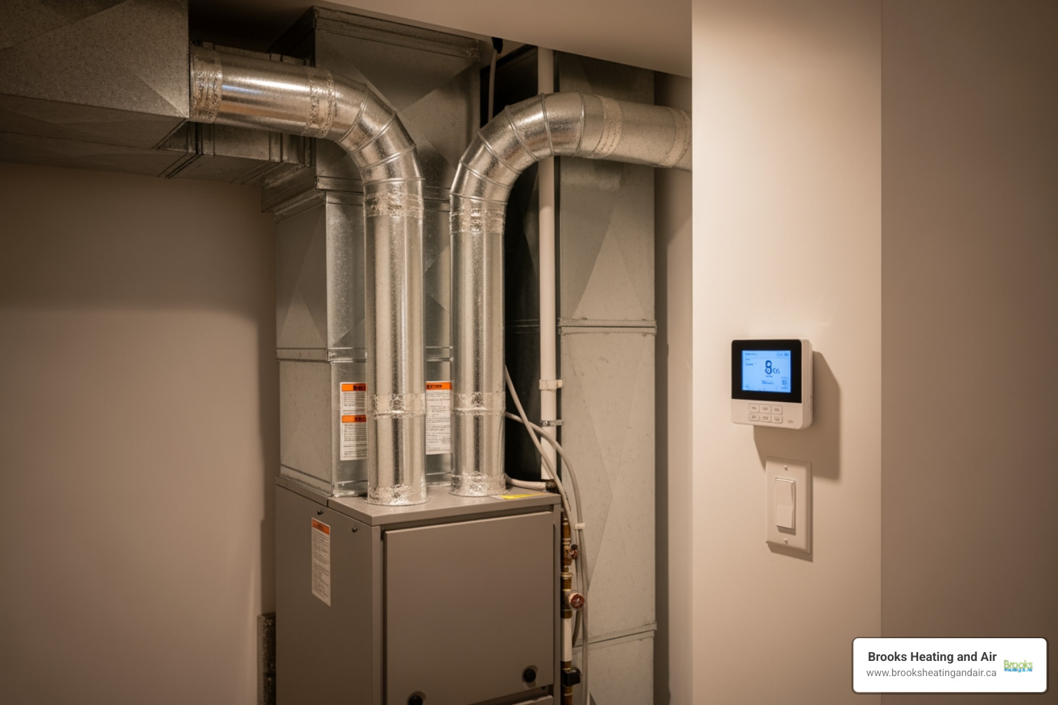 infographic showing the components of a residential heating system including furnace, thermostat, ductwork, air filter, blower motor, heat exchanger, and airflow patterns through a home - heating repair service in georgetown, on