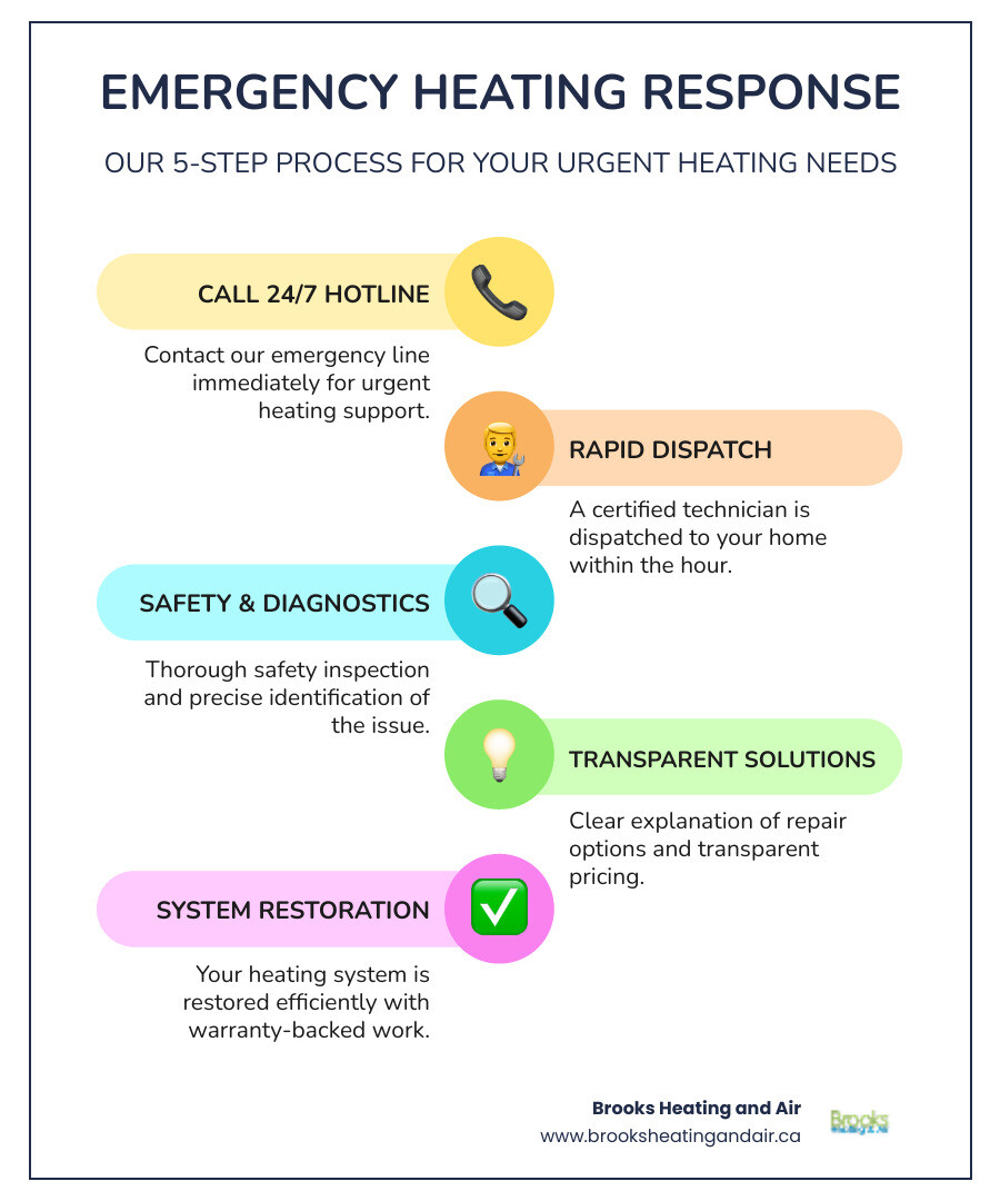 Infographic showing the 5-step emergency heating response process: 1) Call 24/7 hotline immediately, 2) Technician dispatched within the hour, 3) Safety inspection and diagnostics performed, 4) Transparent repair options explained, 5) System restored with warranty-backed work - 24/7 heating Georgetown ON infographic infographic-line-5-steps-colors