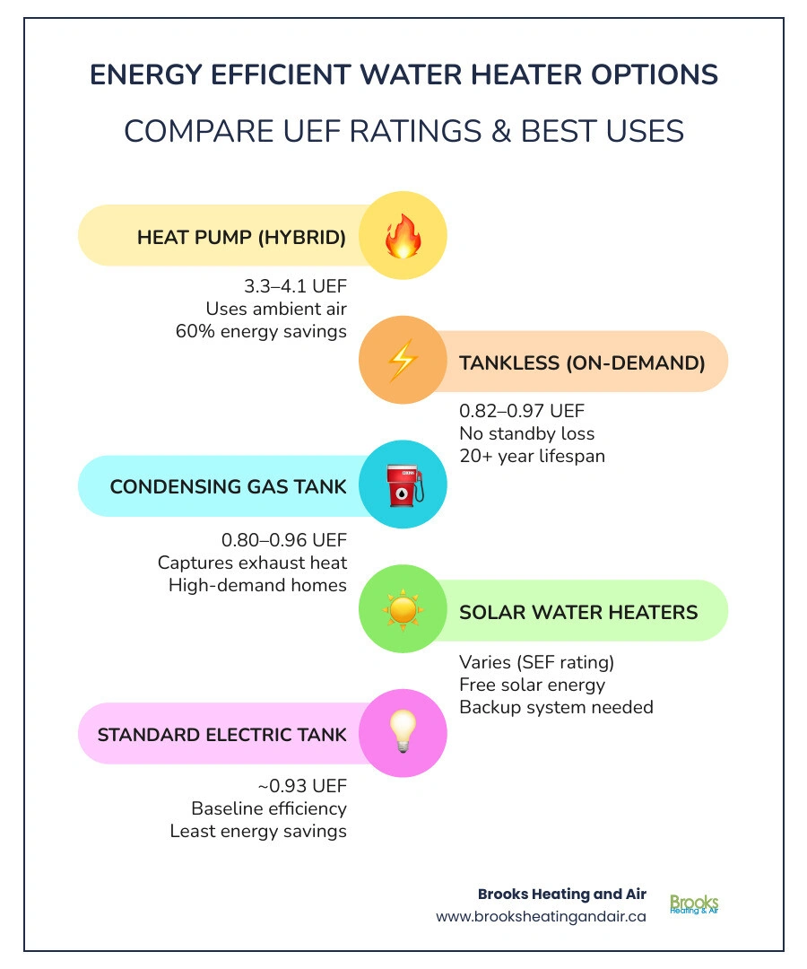 Infographic showing four types of energy-efficient water heaters with UEF ratings and key benefits - energy efficient water Infographic showing four types of energy-efficient water heaters with UEF ratings and key benefits - energy efficient water
