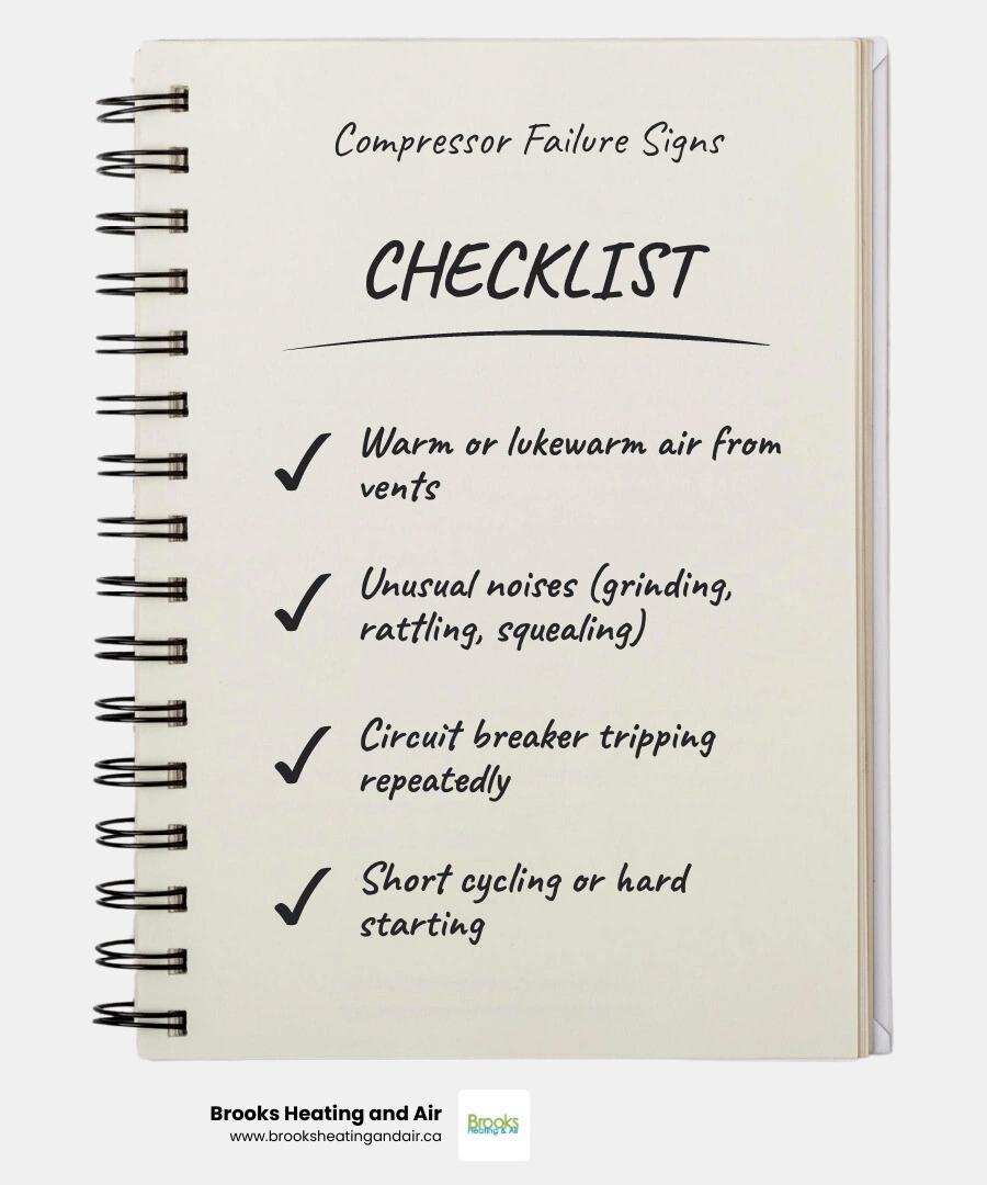 Infographic showing 7 warning signs of a failing AC compressor with icons for each symptom - how to tell if your ac