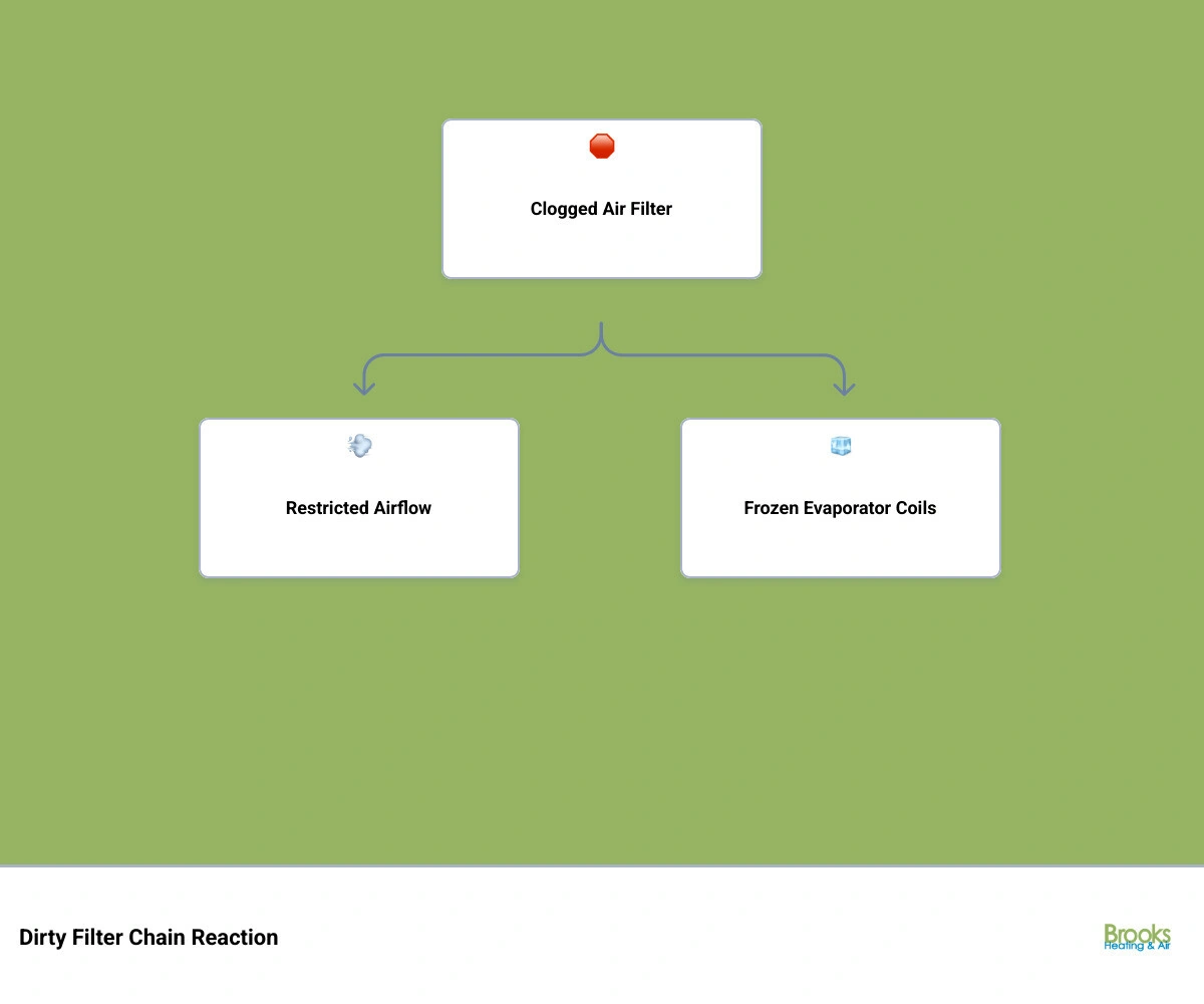 Infographic showing the chain reaction from dirty air filter to AC breakdown: restricted airflow, frozen coils, motor Infographic showing the chain reaction from dirty air filter to AC breakdown: restricted airflow, frozen coils, motor