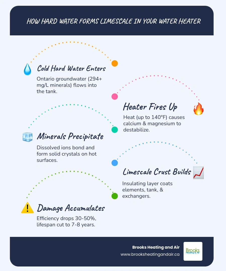 Infographic showing how hard water minerals form limescale scale inside a water heater tank step by step infographic Infographic showing how hard water minerals form limescale scale inside a water heater tank step by step infographic