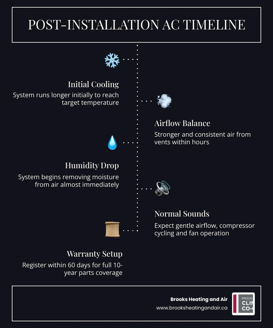 Post-installation AC timeline infographic showing steps from day 1 through first 90 days infographic Post-installation AC timeline infographic showing steps from day 1 through first 90 days infographic