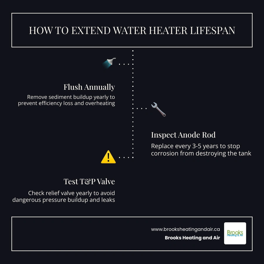 Infographic showing factors affecting water heater lifespan, maintenance schedule, and tips to extend life infographic