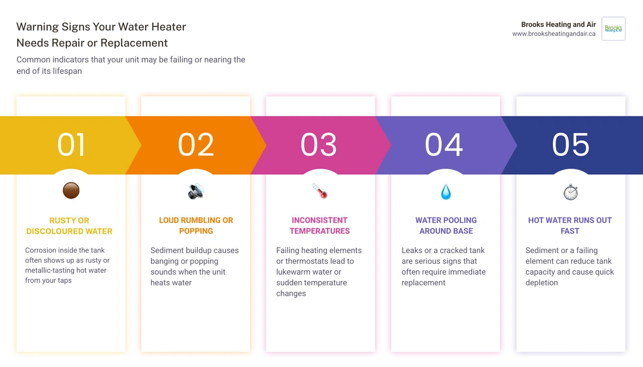 Infographic showing 7 warning signs your water heater needs repair or replacement with lifespan and action tips infographic