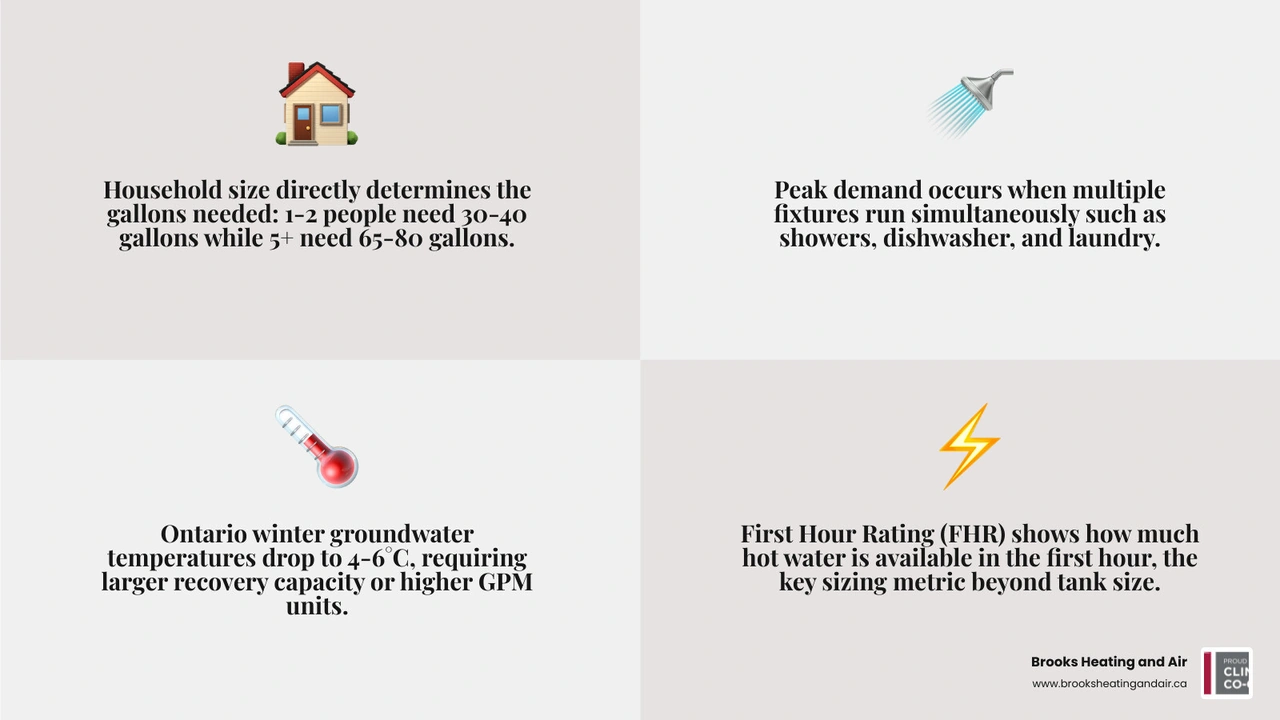 Infographic showing water heater sizing factors: household size, bathroom count, fuel type, first hour rating, and peak Infographic showing water heater sizing factors: household size, bathroom count, fuel type, first hour rating, and peak
