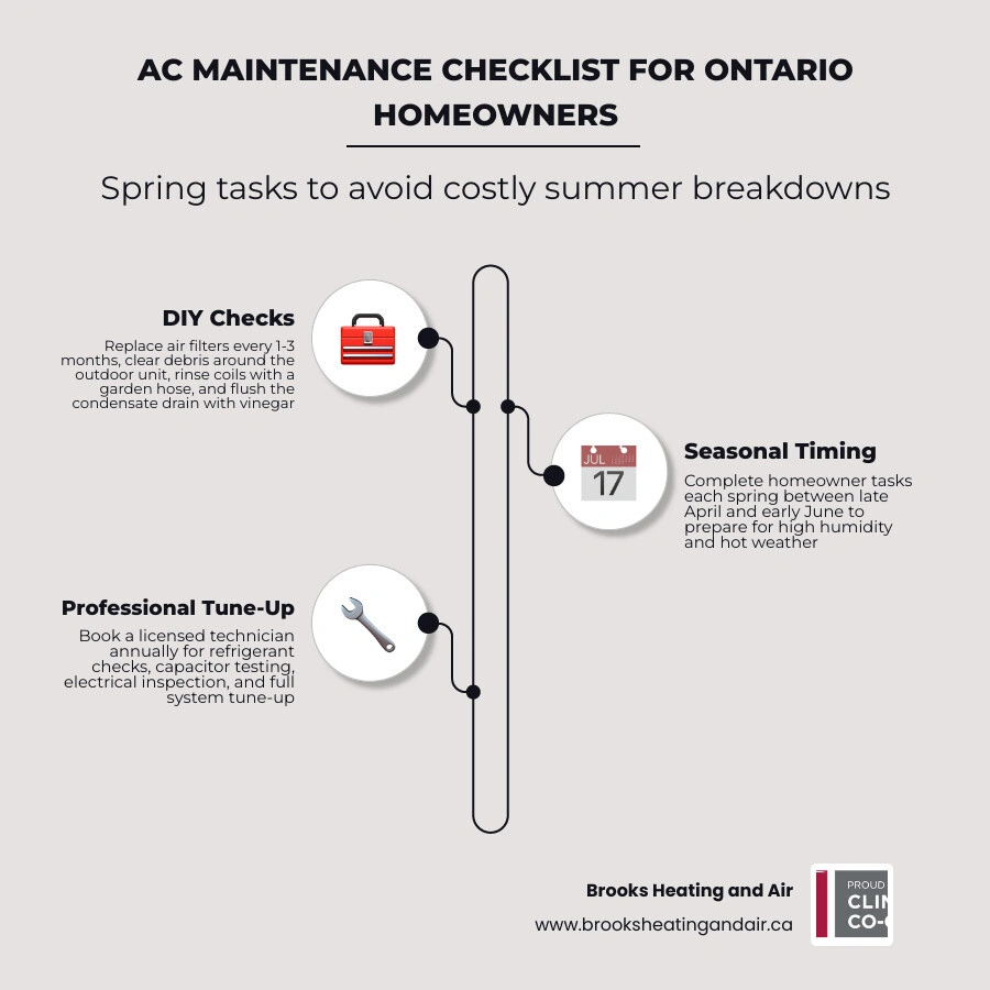 Spring AC maintenance checklist infographic for Ontario homeowners showing DIY and professional tasks by season infographic