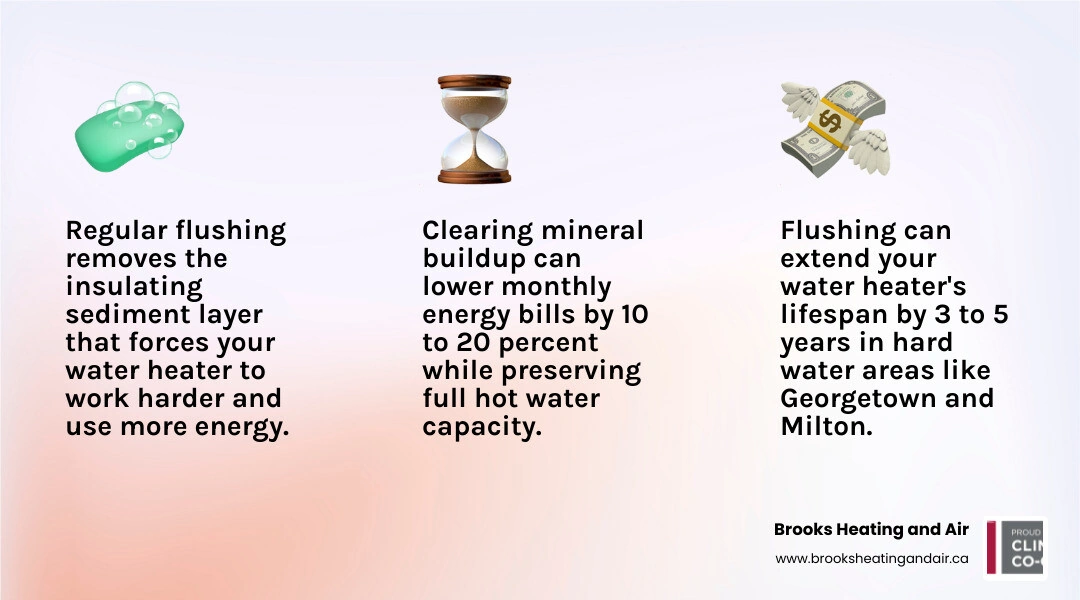 Infographic showing how water heater flushing removes sediment, restores efficiency, and extends lifespan in hard water Infographic showing how water heater flushing removes sediment, restores efficiency, and extends lifespan in hard water