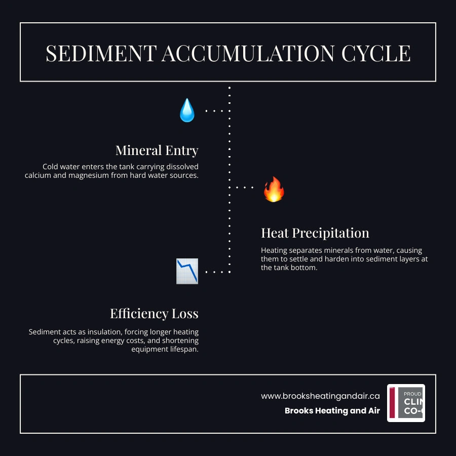 Infographic showing sediment accumulation cycle in water heater tank and its effects on efficiency and lifespan infographic Infographic showing sediment accumulation cycle in water heater tank and its effects on efficiency and lifespan infographic