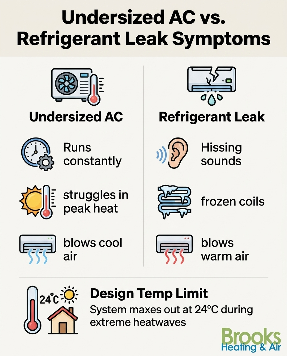 Undersized AC vs. Refrigerant Leak Symptoms