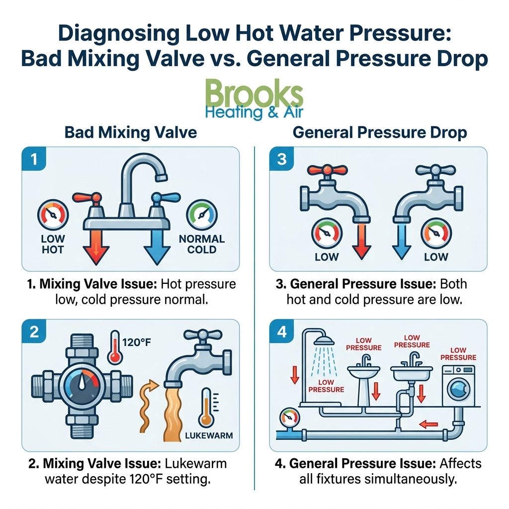 Diagnosing Low Hot Water Pressure: Bad Mixing Valve vs. General Pressure Drop