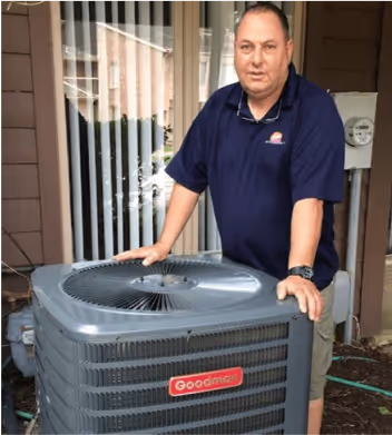 Technician standing next to an outdoor air conditioning unit