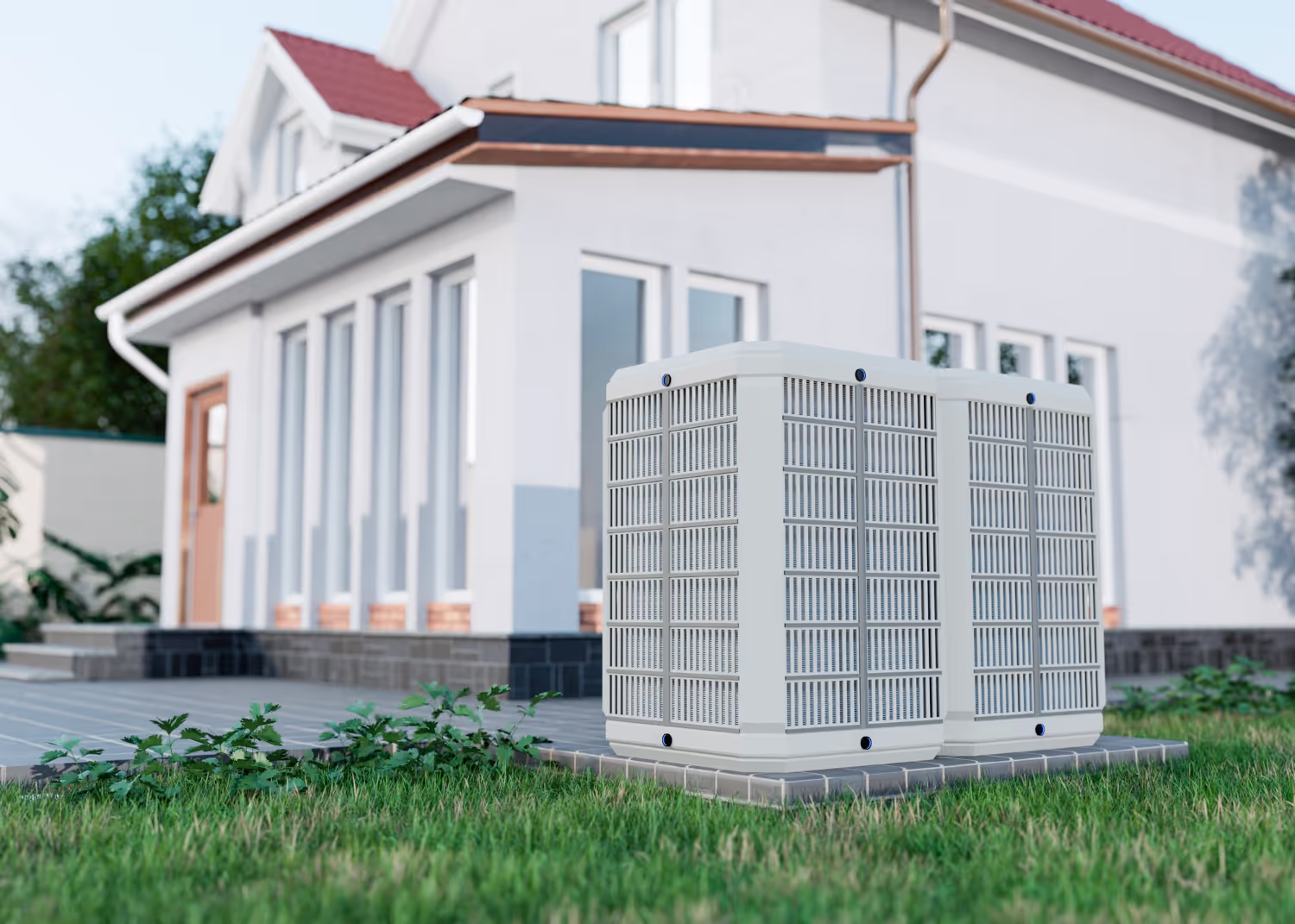 White air conditioning unit outside modern house with red roof
