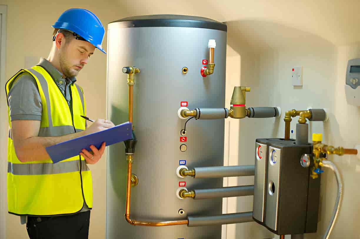 Technician in safety vest inspecting industrial water heater and pipes