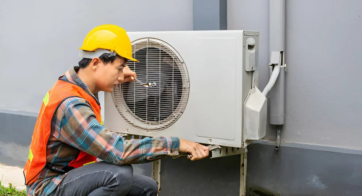 Technician in safety gear repairing an outdoor air conditioning unit