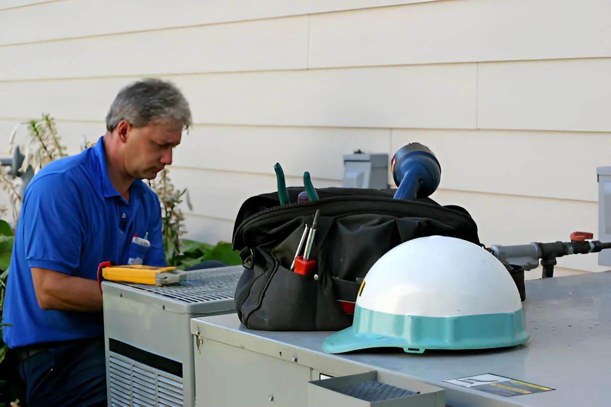 Technician working near safety helmet and tool bag on outdoor equipment