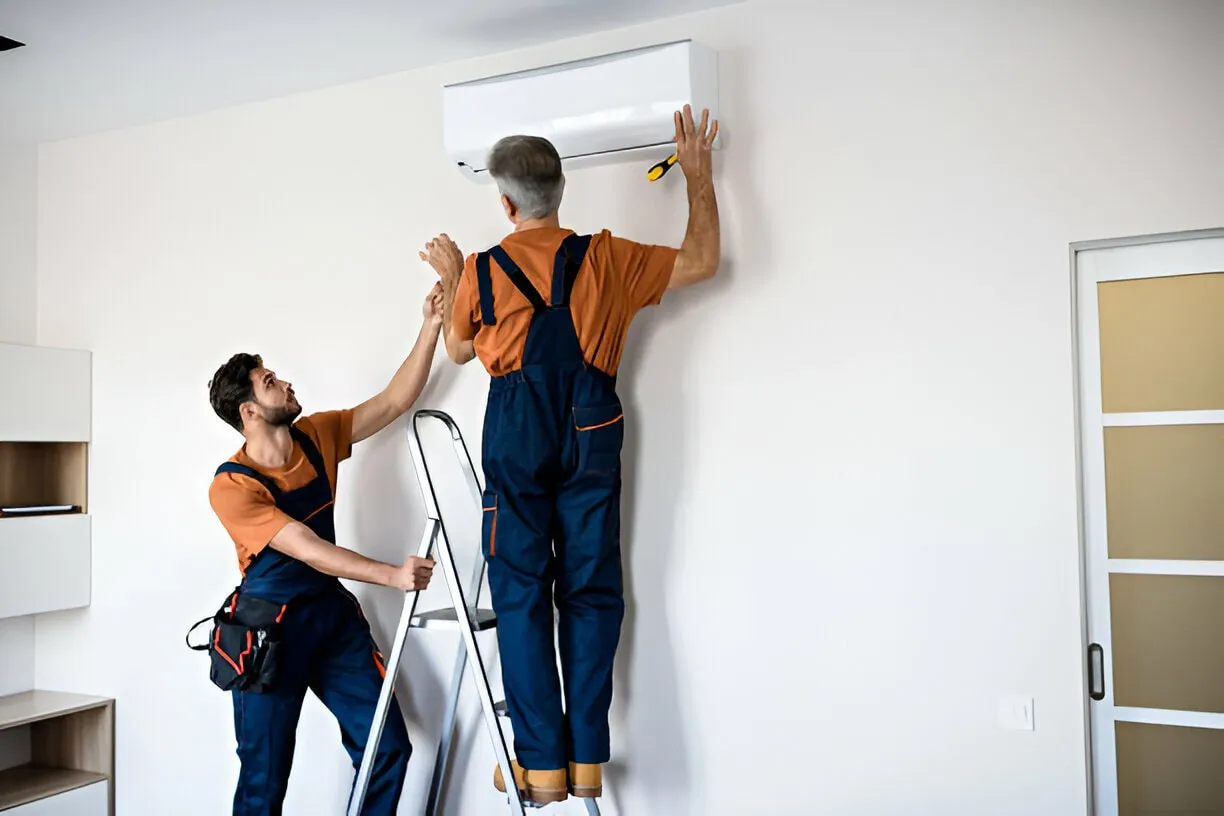 Two workers installing air conditioning unit on white wall