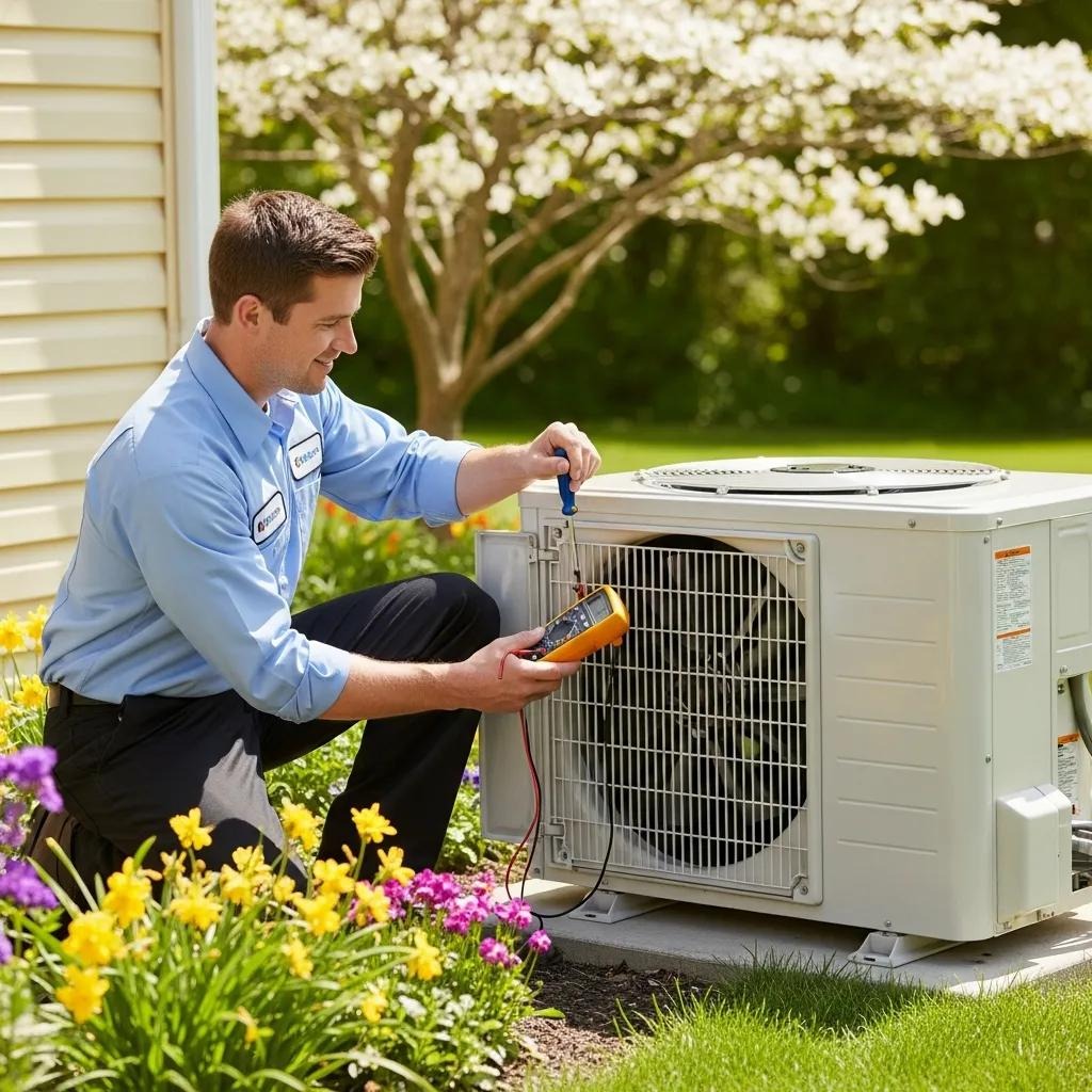 Technician performing HVAC maintenance in spring, highlighting energy efficiency and system reliability