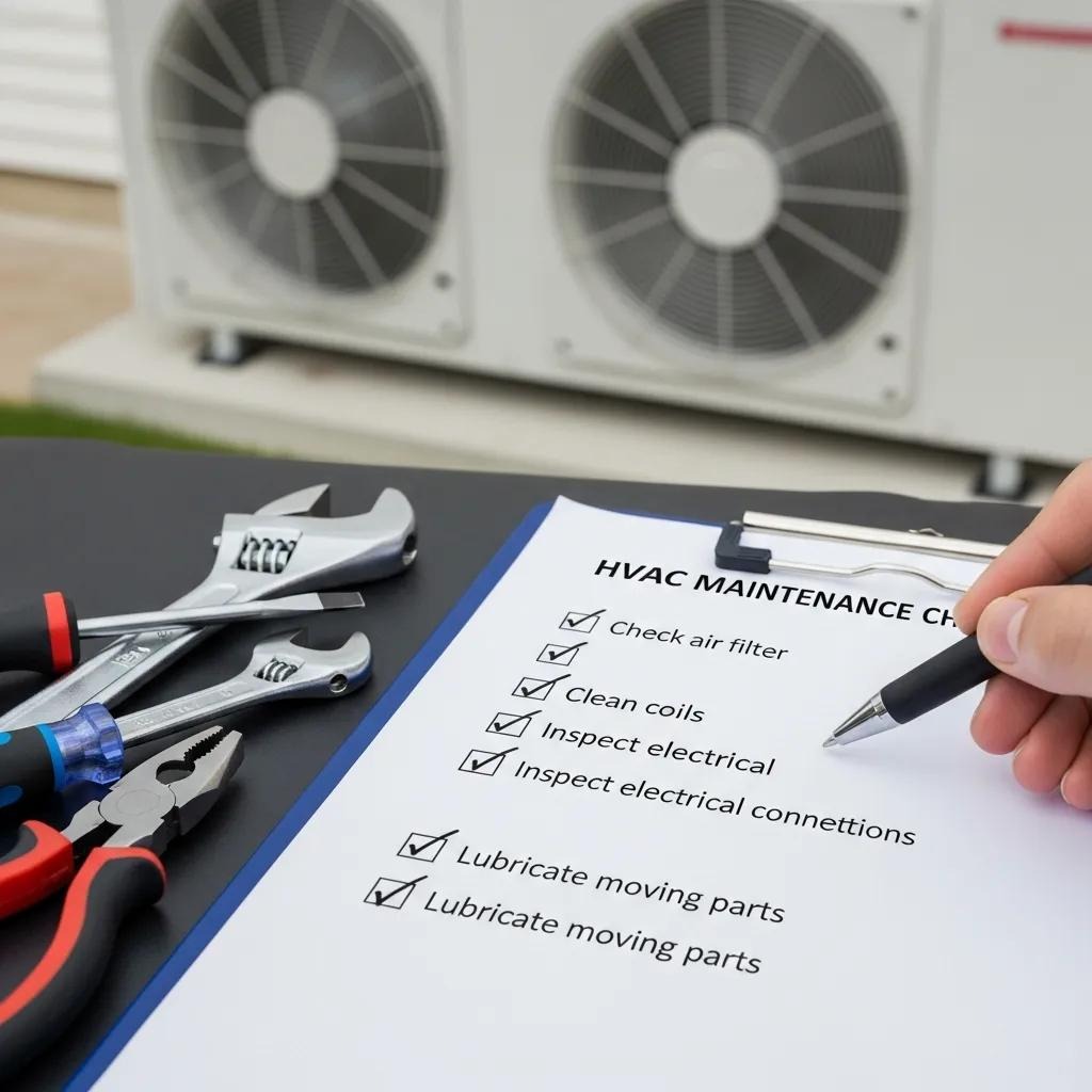 Close-up of HVAC maintenance checklist with tools, emphasizing step-by-step tasks for system reliability