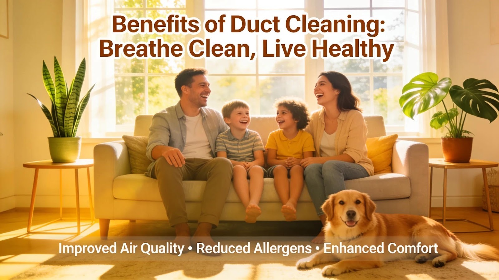 Bright indoor space illustrating benefits of duct cleaning with family enjoying clean air