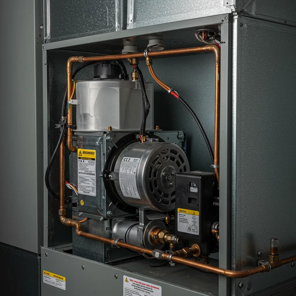 Close-up of a furnace showing components like blower motor and air filter, emphasizing common problem areas