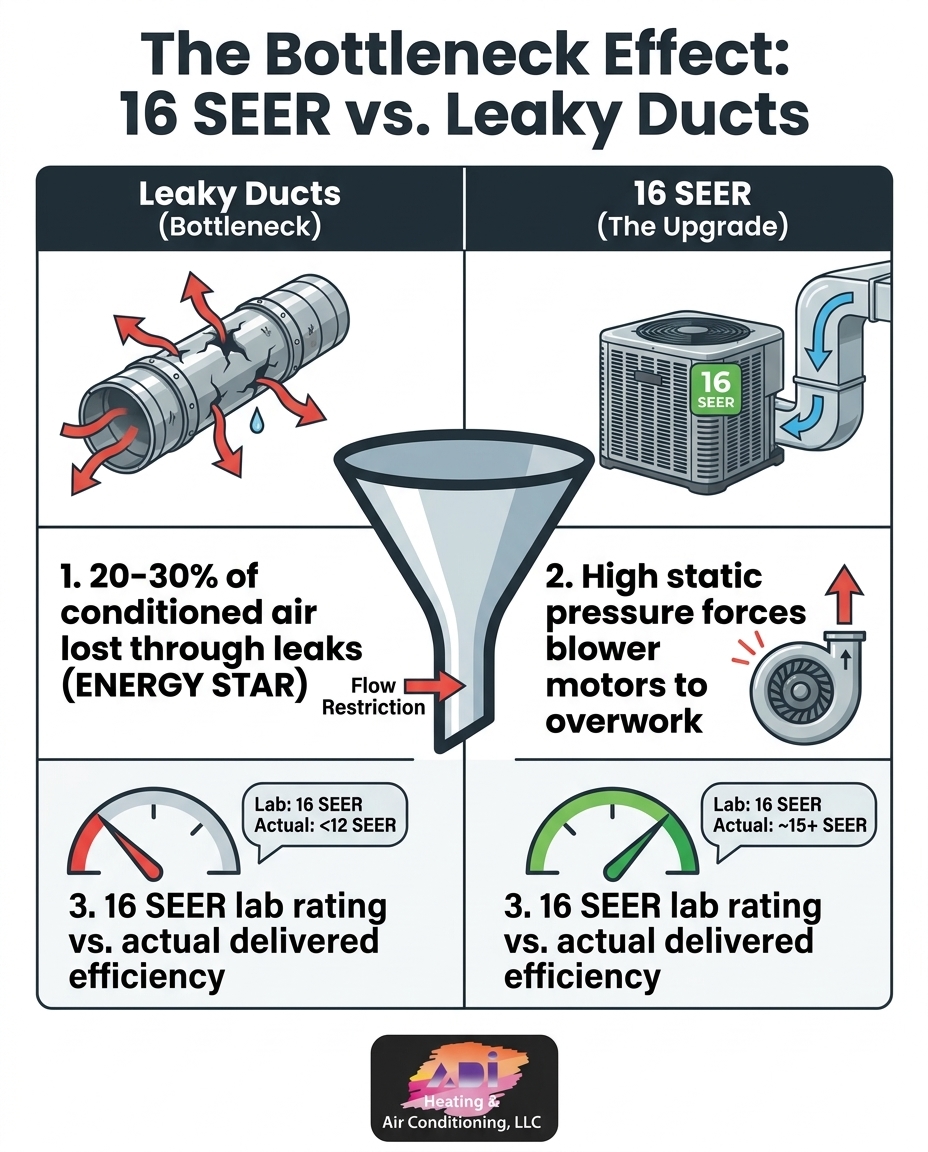 The Bottleneck Effect: 16 SEER vs. Leaky Ducts