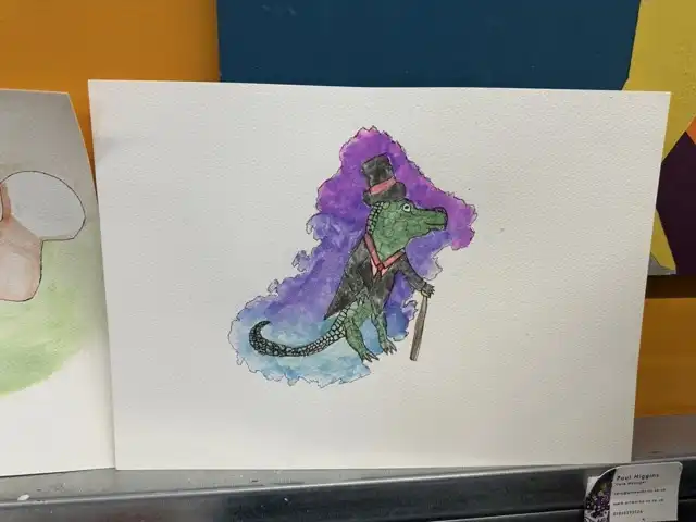 Watercolour painting of a crocodile wearing a suit, top hat and holding a walking stick.