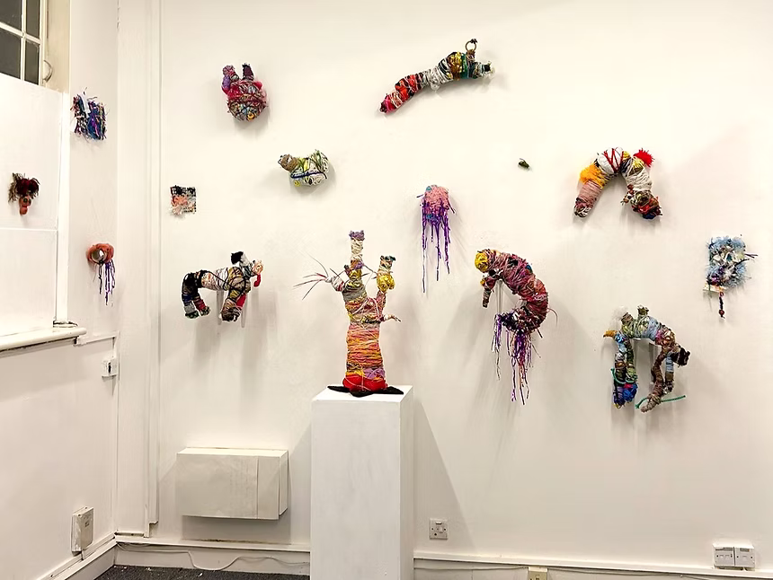 Exhibition of small sculptures using eco-friendly materials. Each sculpture is made using a mix of materials and has a variety of colours.