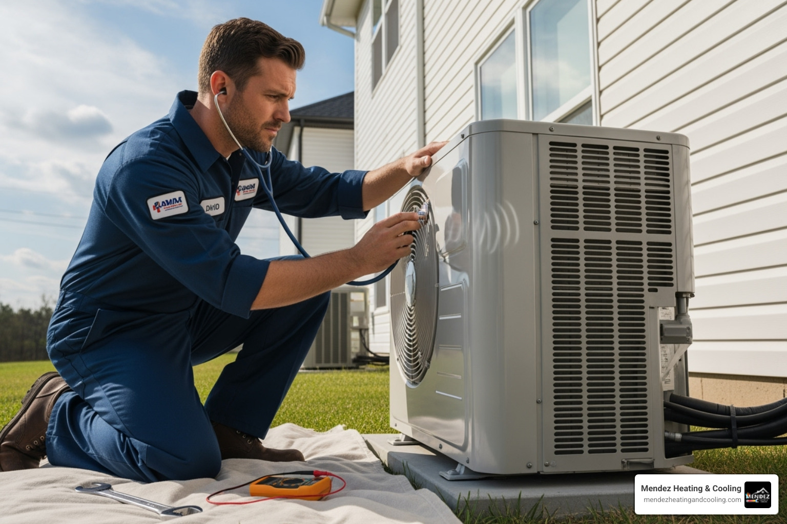 technician listening to a noisy outdoor mini-split unit - 24/7 mini split repair in warren nj