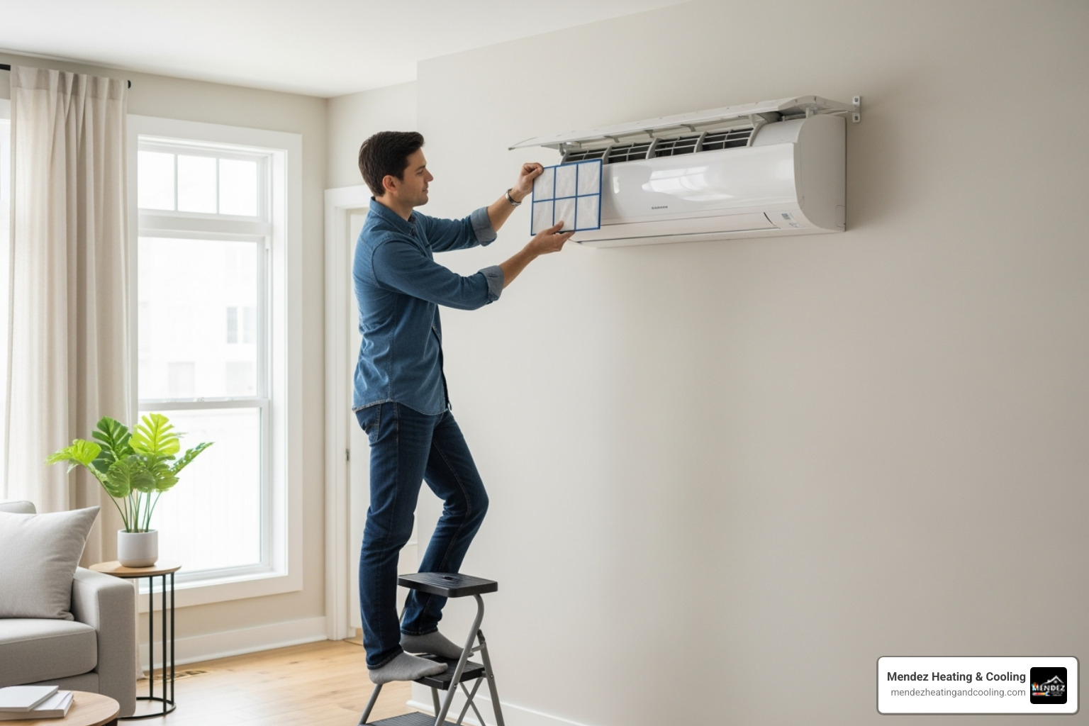 homeowner easily cleaning the filter of an indoor mini-split unit - 24/7 mini split repair in warren nj