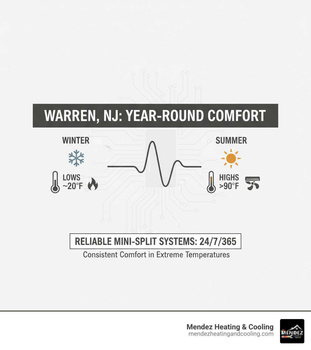 Infographic showing Warren NJ seasonal temperature ranges from winter lows around 20°F to summer highs above 90°F, with icons representing heating in winter and cooling in summer, emphasizing the year-round need for reliable mini-split systems - 24/7 mini split repair in warren nj infographic 
