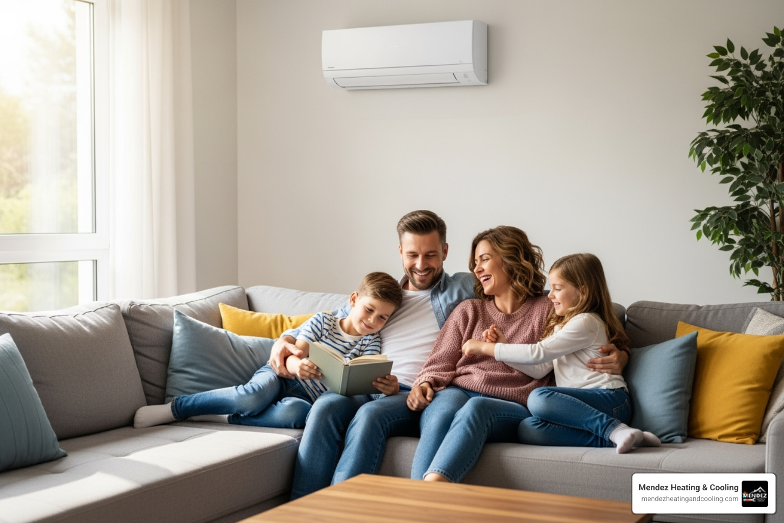 happy family enjoying a comfortable room with a mini split in the background - mini split repair in warrington pa