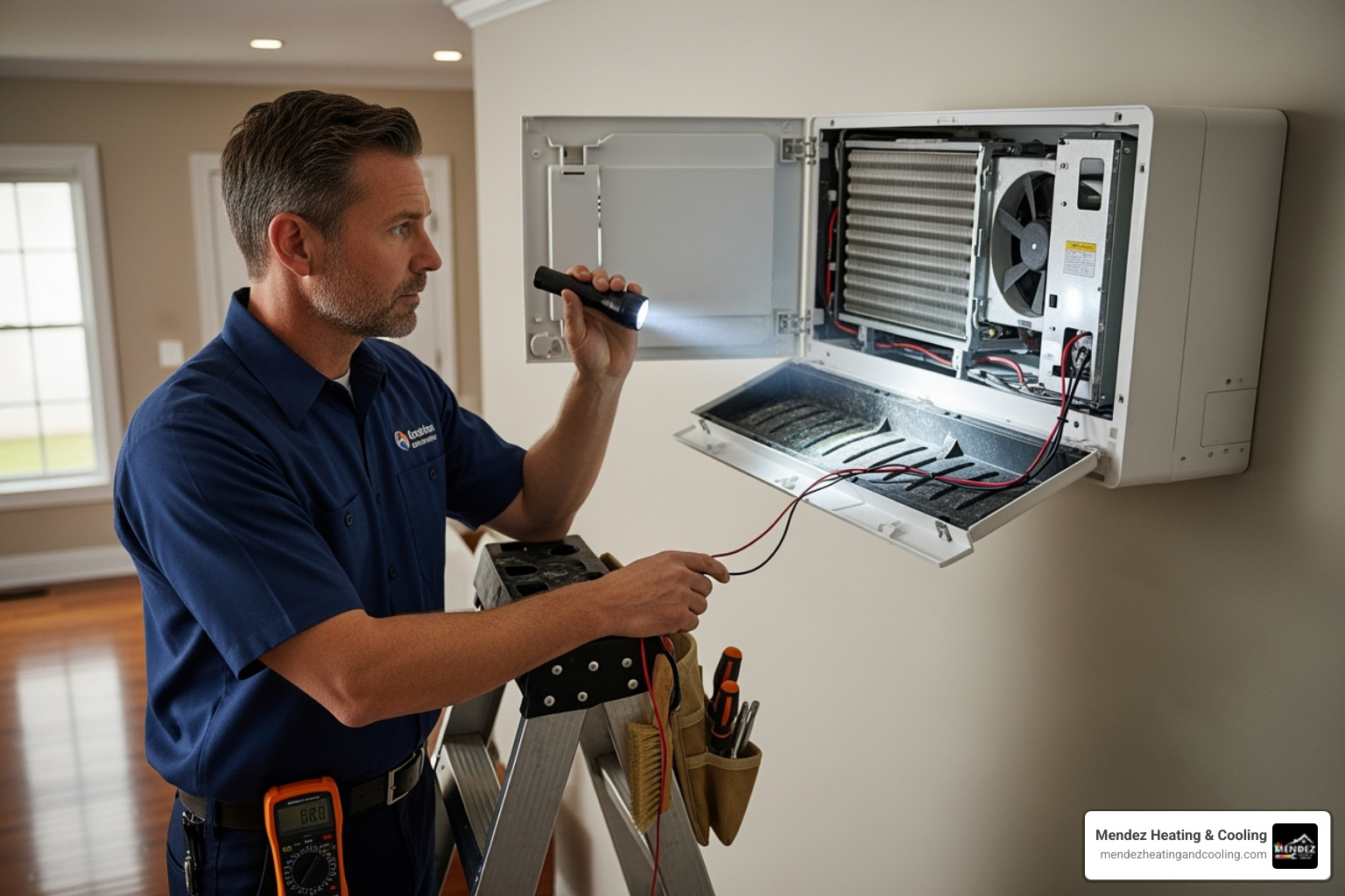 Technician examining mini-split indoor unit - 24 hour mini split service in yardley pa Technician examining mini-split indoor unit - 24 hour mini split service in yardley pa