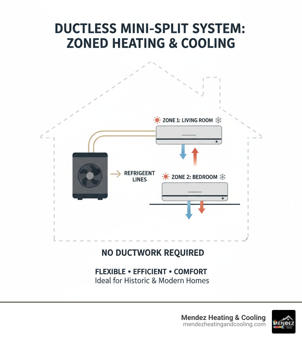 infographic showing ductless mini split system components with outdoor compressor unit connected to indoor air handlers via refrigerant lines, illustrating how the system provides zoned heating and cooling without ductwork - best mini split company in upper makefield pa infographic 