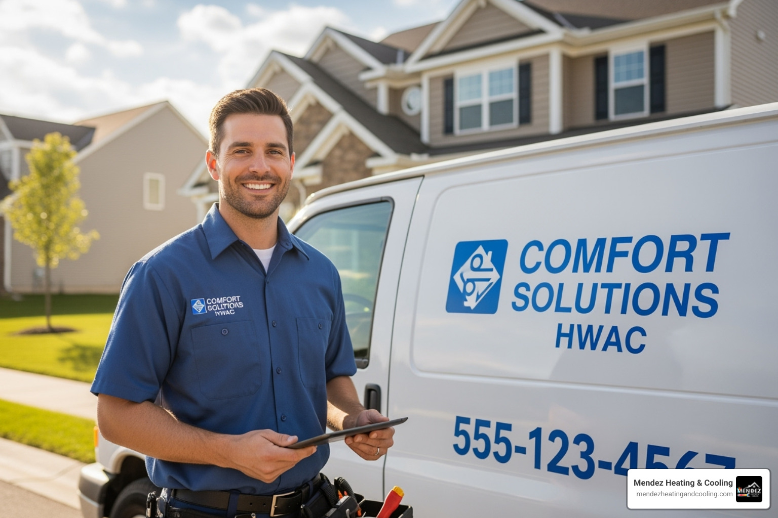 friendly HVAC technician next to a service van - best mini split company in upper makefield pa