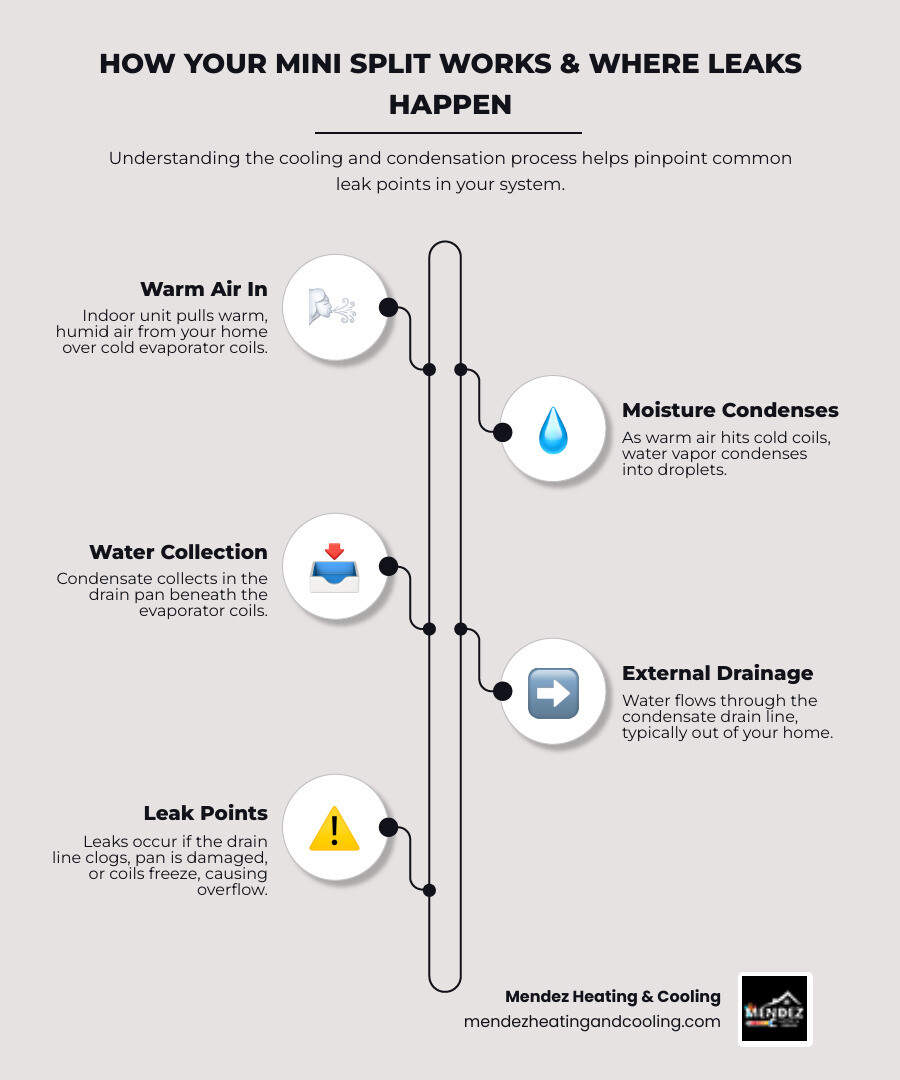 Infographic showing the mini-split cooling process: indoor unit pulls warm air over cold evaporator coils, moisture condenses into droplets, water collects in drain pan, flows through drain line to outside, with callouts showing where leaks commonly occur at each stage - mini split leaking in richboro pa infographic infographic-line-5-steps-elegant_beige